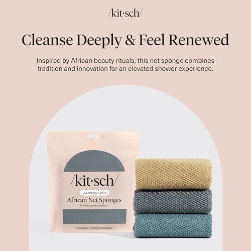 Kitsch African Net Sponge – Exfoliating Body Scrubber for Cleansing & Gentle Daily Exfoliation – Stretchable Bath Sponge for Hard-to-Reach Areas, Long-Lasting Shower Essential - Aqua Grey, 3 Pcs - color: Aqua Grey