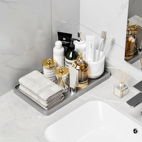 Weenson Bathroom Vanity Tray for Countertop Decor Perfume Makeup Toiletries Toilet Tank, Large Bamboo Kitchen Tray for Spice Salt, Serving Tray for Food Coffee, Nightstand Candle Silver 14.2”x8.3” - color: Silver, size: 14.2" x 8.3" x 0.8"