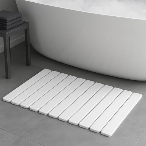 Premium Foldable Stone Bath Mat - Ultra Absorbent Quick Drying Compact Easy to Store & Clean Non-Slip Diatomaceous Earth Bath Shower Mat (White) - color: White