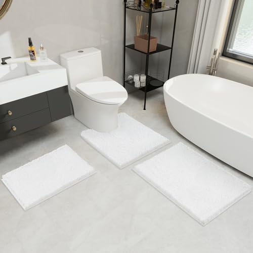 LINLA 3 Pieces Bathroom Rug Set, Absorbent Non Slip Chenille Bath mat, Thick Plush Chenille Carpet Mats Set,Washable Dry Quickly with U-Shaped Toilet Mat for Tub, Shower（White） - color: White