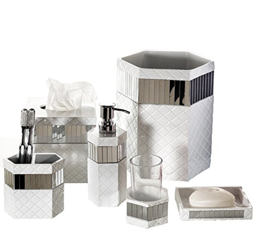 Creative Scents Quilted Mirror 6 Piece Bathroom Accessories Set | Includes Trash can, Tissue Box Cover, Soap Dispenser, Toothbrush Holder, Tumbler Cup & Soap Dish - style: 6 Piece Set