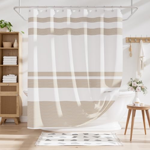 AmazerBath Beige Shower Curtain, 72x72 Washable Cloth Neutral Light Tan Shower Curtain with 12 Hooks, Fabric Khaki and White Striped Set, Farmhouse Bathroom Shower Curtain - color: A- Khaki Stripe +12 Metal Hooks, size: 72"W x 72"L (Pack of 1)