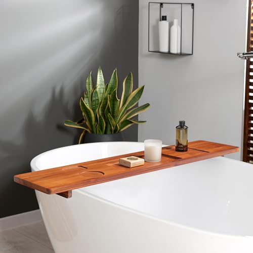 Teak Bathtub Tray for Freestanding Bath, 39" Extra Thick Adjustable Spa Caddy - Non-Slip Anti-Tip Wood Organizer for iPad, Wine & Book - Artisan Natural Finish, Perfect Self-Care Gift - color: Natural Teak, size: 39 Inch