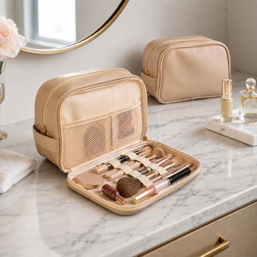 Double Layer Travel Makeup Bag for Women | 9.1L x 4.3W x 6.3H in Faux Leather Cosmetic Organizer for Makeup, Skincare and Toiletries, Brown - color: Double Layer