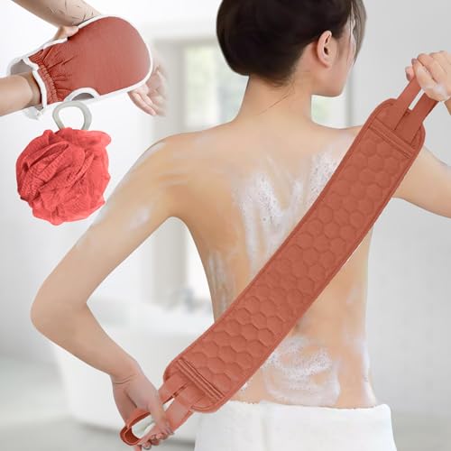 Back Scrubber Set, 3Pcs Bath Gloves and Shower Loofah Sponge for Body Scrub and Daily Shower Cleaning(Red) - color: Red