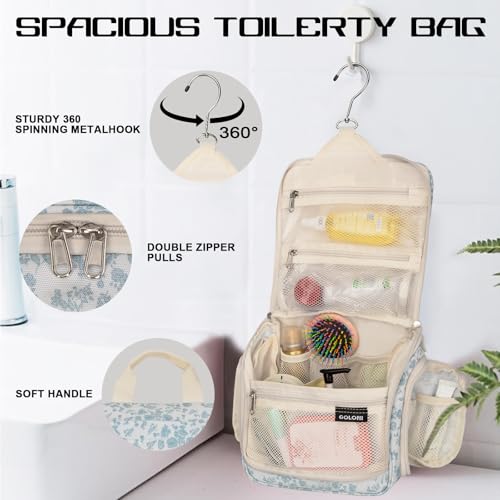 Goloni Hanging Toiletry Bag, 10 Compartments Water-Resistant Makeup Bag with 360° Spinning Metal Hook, Large Travel Cosmetic Organizer for Men & Women, Flower (7.05oz) - color: Flower