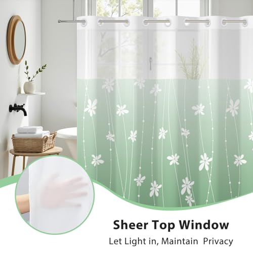 No Hook Shower Curtain with Snap-in Liner, Green Ombre Bathroom Shower Curtains with Liner Set, Waterproof & Washable, Mesh Top Window, 59" W x 79" L - color: 02 Ombre - Green, size: 59"W x 79"L (Pack of 1)