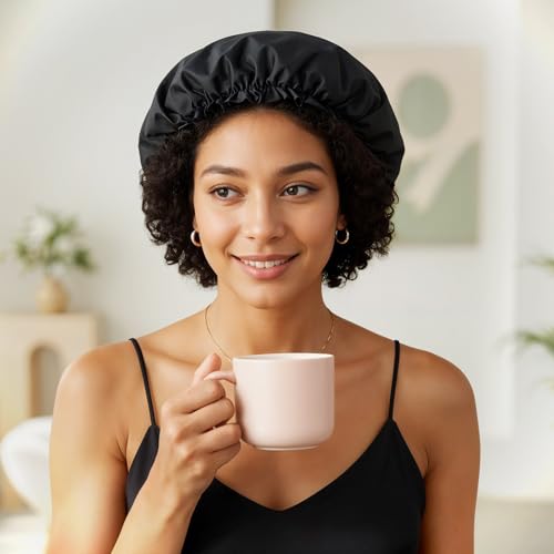 2pcs Large Adjustable Braids Shower Cap for Long Hair Waterproof Shower Caps for Women Men Reusable Extra Long Hair Bonnets for Dreadlocks Foldable Plastic Oversize Bath Hats (Pink, Black)