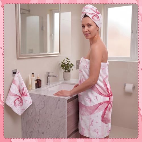 Moukeren Set of 3 Pink Bow Bath Towels Cute Coquette Large Bow Bath Towel Hand Towel and Washcloth Soft Decorative Towels for Girls Womens Bathroom Kitchen Pool Gym Spa Yoga - style: Large Bow