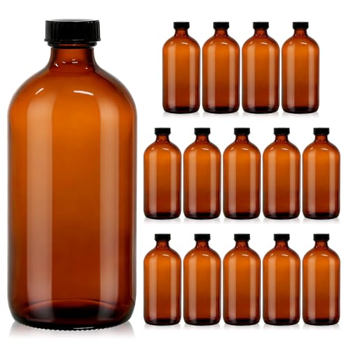 15 Pack 16 oz Amber Glass Boston Round Bottles with Phenolic Polycone Caps – Airtight, Leak-Proof Brown Bottles for Kombucha Brewing, Storing Condiments, Essential Oils, and Homemade Solutions - size: 16 Ounces