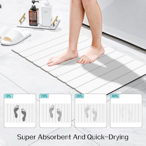 Cuckan 2 Pack Foldable Stone Bath Mats for Bathroom Super Absorbent Diatomaceous Earth Bath Mat Quick Dry Bath Rug Drying Mats with Non Slip Shower Rug Tub Shower Mat - color: White, size: Rug 15x24" + Rug 15x32" + 2x Non-slip Mat