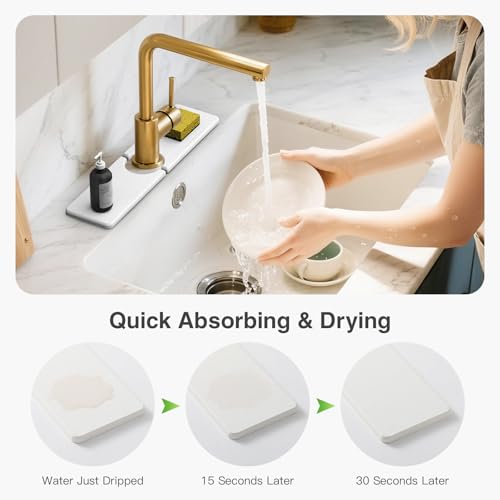 15.8" x 4" Stone Faucet Mat for Kitchen Sink, Quick Drying Diatomite Sink Tray, Faucet Sink Splash Guard for Prevents Moisture Buildup (White) - color: White, size: 15.8" x 4"