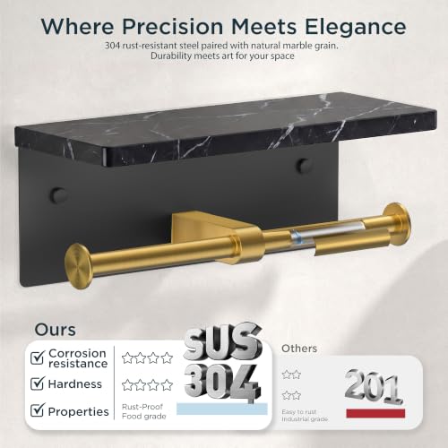 FORIOUS Double Toilet Paper Holder with Shelf, Wall Mount Tissue Roll Holder for Bathroom, 304 Stainless Steel Commercial Toilet Tissue Dispensers with Phone Shelf (1, Black & Gold-Marble) - color: Black & Gold-marble