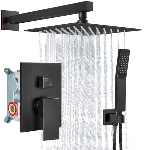 Aolemi Shower Faucet Set Rain Shower System with Handheld Spray Bathroom Shower Combo Rough-in Valve and Shower Trim Kit Included Oil Rubbed Bronze 10 Inch Wall Mount Shower Head - color: Oil Rubbed Bronze, size: 10 Inch Wall Mount Shower Head