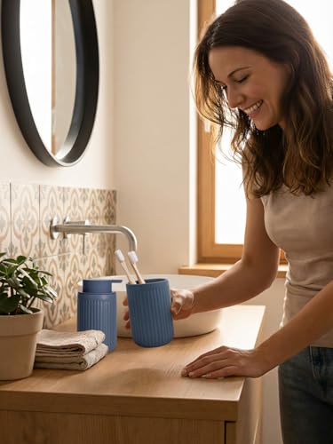 INGOFIN Ceramic Toothbrush Holder, 12 oz Toothpaste Holder Bathroom Cup, Tooth Brush Holder for Vanity Countertop, Organizer Storage for Cosmetic, Makeup, Office Pencils, Matte Blue