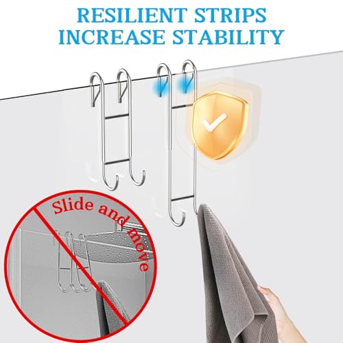 Shower Door Towel Hooks (2-Pack), 9"-13" Adjustable Over Glass Door Hooks | Fit for Frameless, Anti-Scratch Squeegee Holder, Towel Hanger for Bath Suits Rozer Robes Loofahs Shavers, Stainless Steel - color: Silver, Clip