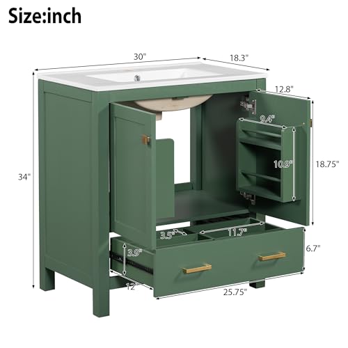 Linique 30" Modern Bathroom Vanity with Sink Combo Set, Solid Wood Frame Bathroom Storage Cabinet with 2 Soft Closing Doors and a Drawer, Multifunctional Storage, Green - color: Green