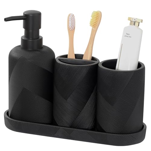 Bathroom Accessories Set, Bathroom Organizer Countertop, Matte Black, 4 PCS | Modern, Simple, Stripe, Resin, With Soap Dispenser, Toothbrush Holder, Mouthwash Cup, Vanity Tray for Home Hotel Office - color: Black1-4pcs
