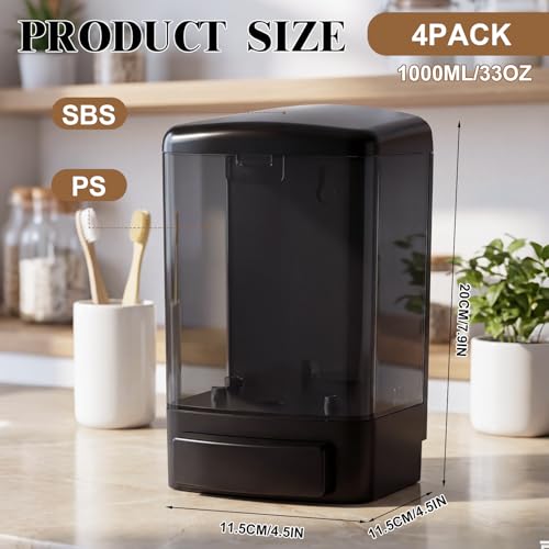 Hushee 4 Pcs Plastic Wall Mounted Soap Dispenser Commercial Manual Soap Containers Wall Dispenser for Kitchen Shower Hotel Liquid Shampoo Gel Chamber (33.8 oz 1000 ml,All Black) - color: All Black, size: 33.8 oz 1000 ml