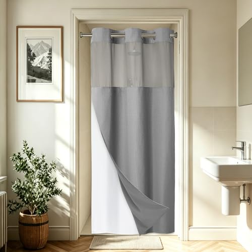 EUTXL Heavyweight Stall No Hook Shower Curtain with Snap in Liner,256GSM Waffle Weave Shower Curtains for Bathroom,48W x 74H,Grey - color: Grey, size: 48"W x 74"L (Pack of 1)