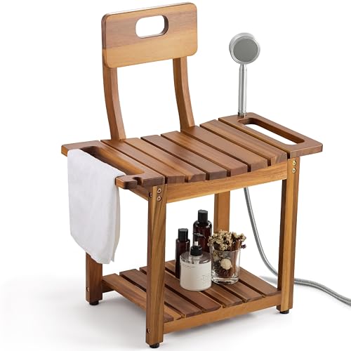 BLUEWEST 23.4'' Shower Chair with Backrest Bath Chair for Inside Shower or Tub, Heavy Duty 450 lbs Support, Non-Slip Feet, Shelf Storage, Built-in Handles for Elderly or Adults (Acacia) - color: Acacia