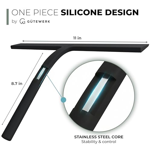 GÜTEWERK Silicone Shower Squeegee for Glass Doors & Mirrors with Stainless Steel Core, Streak-Free & No-Squeak Window Cleaning, 3-in-1 No-Drill Mount (Hook/Suction/Adhesive),Black, 11 Inches - color: Black, size: 11 Inches
