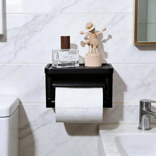 Matte Black Toilet Paper Holder with Shelf - Toilet Paper Cutting Function, Toilet Paper Holder with Phone Shelf for Bathroom Washroom - color: Abs Black&black, size: Single