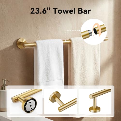 Gold 5-Piece Bathroom Hardware Set, 23.6 Inch Towel Bar Set SUS304 Stainless Steel Towel Racks for Bathroom Round Towel Bar, Towel Ring, Toilet Paper Holder, 2 Robe Hooks, Wall Mounted - color: Gold