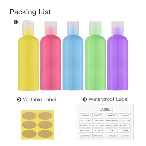 Travel Bottles for Toiletries 3.4 oz - Travel Size Containers for Shampoo Plastic - Small Empty Lotion Squeeze Bottle for Liquid TSA Approved - Leak Proof Mini Conditioner Refillable 5Color 100ml - color: 5Colors