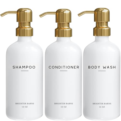 Luxury Shampoo and Conditioner Dispenser Set by Brighter Barns - Shower Soap Dispenser - Shampoo Conditioner Body Wash Dispenser & Pump - White and Gold Bathroom Accessories in Spa, Hotel, Gift (Gold) - color: Gold