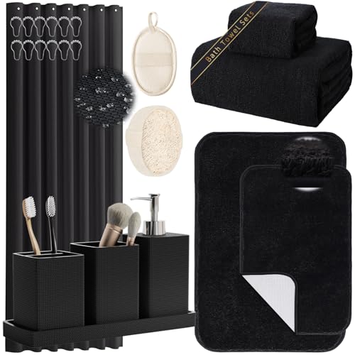 Black Bathroom Set,Black Bathroom Accessories Set with Shower Curtain and Rugs, Bath Towel Set, Natural Loofah Sponge, Soap Dispenser, Toothbrush Holder, Bathroom Tumbler and Tray for Bathroom - size: Bath Set+Shower Curtain+Rugs+Towel Set+2PCS Loofah, st