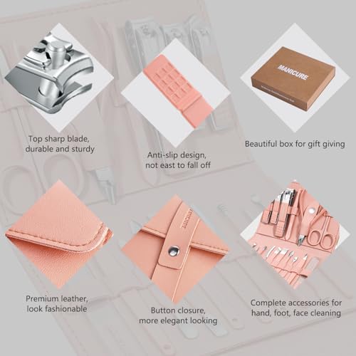 Manicure Set Professional Nail Clippers Pedicure Kit, 16 pcs Stainless Steel Nail Care Tools Grooming Kit with Luxurious Travel Leather Case for Thick Nails Men Women Gift (Pink) - color: Pink