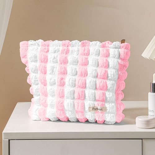 Bubble Cloud Makeup Bag - Large Capacity Travel Cosmetic Organizer | Puffy quilted design, smooth zipper, cute aesthetic makeup pouch, ideal for daily storage, travel, for women, girls - color: Pink - White
