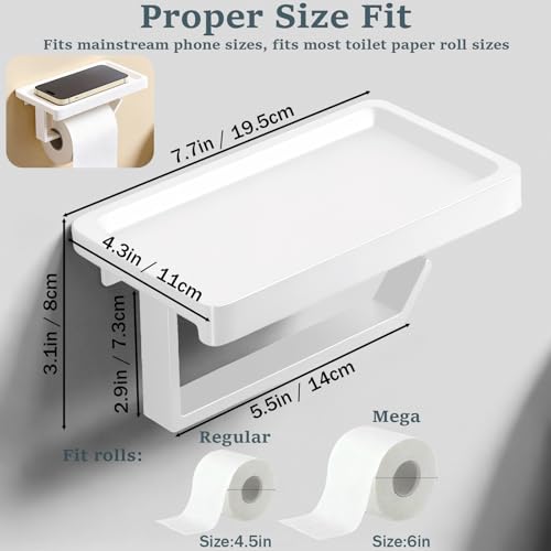 Pure White Toilet Paper Holder with Shelf, Premium Thicken Aluminum Alloy, Self Adhesive Toilet Tissue Roll Holder Wall Mount for Bathroom, Washroom, Kitchen, RV with Cell Phone Storage - color: Pure White