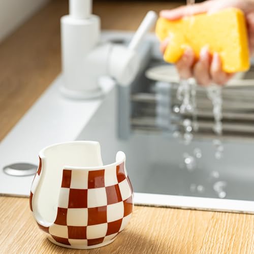 Checkered Sponge Holder for Kitchen Sink Counter, Ceramic Dish Sponge Caddy White Sink Organizer Dish Rack Farmhouse Brush Holder for Bathroom, Brown and White - color: Brown and White, size: Barrel-type