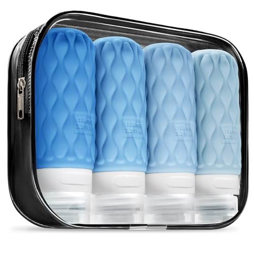 Silicone Travel Bottles for Toiletries 8 Pack Travel Size Toiletries 3.4 oz 1.7 oz, Leakproof Squeeze Travel Size Containers Refillable Cosmetic Jars Set for Shampoo, Conditioner, Creams - color: Blue-3.4oz
