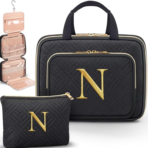 Gifts for Women, Initial Toiletry Makeup Bag Hanging Cosmetic Organizer with Embroidery Letter Personalized Nurse Teacher Appreciation Birthday Mothers Day Gifts for Mom Sister Wife Friends Auntie Her - style: N