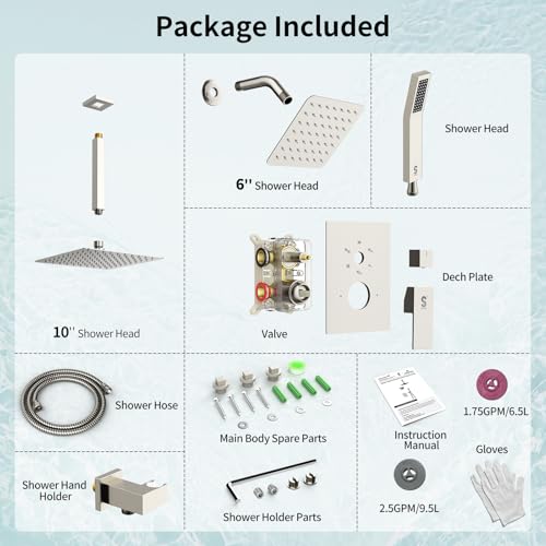Shower Faucet Set Shower System - SR SUN RISE Brushed Nickel Shower Trim Kit with Dual Shower Head, 10'' Ceiling Rainfall 6'' Wall Mount with Handheld Shower for Couples, Complete 6 Diverter Valve - color: Nickel, size: 10 Inch