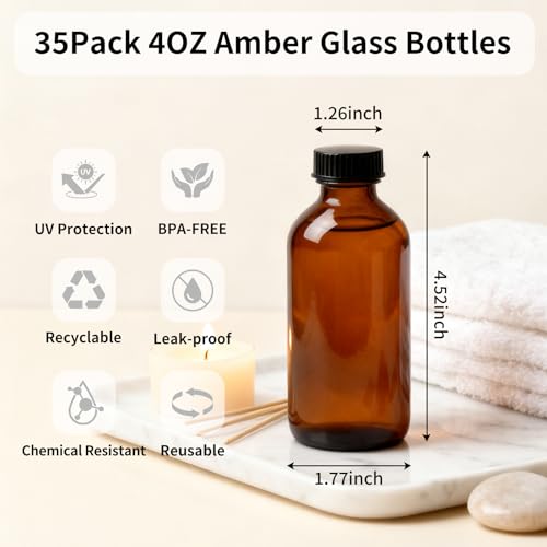 35 Pack 4 oz Amber Glass Boston Round Bottles with Phenolic Polycone Caps – Airtight, Leak-Proof Bottles for Vanilla Extract, Kombucha Brewing, Essential Oils, and Homemade Solutions - size: 4 ounces