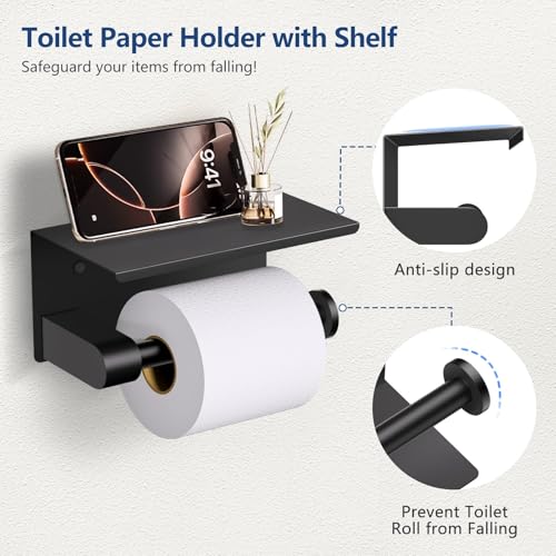 TQKAG 5 Piece Bathroom Towel Bar Holder Sets Matte Black Bathroom Hardware Set Stainless Steel Toilet Paper Holder with Shelf Bathroom Accessories Kit Wall Mounted - color: Matte Black, size: 5-Pieces Set-A