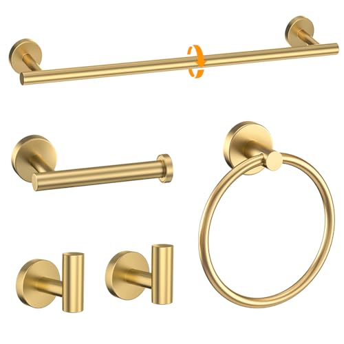Brushed Gold Towel Bar Set 5 Pieces Round Bathroom Hardware Set Includes 23.6in Towel Bar Towel Ring Toilet Paper Holder Towel Hooks Stainless Steel Wall-Mounted Bathroom Towel Holder Set - color: 5pcs Brushed Gold