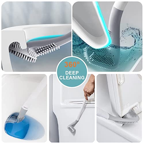 Toilet Brush, Long Handle Golf Toilet Brush with Holder 360° Deep Cleaning Flexible Silicone Toilet Cleaner Brush Wall Mounted for Bathroom (Blue) - color: Blue