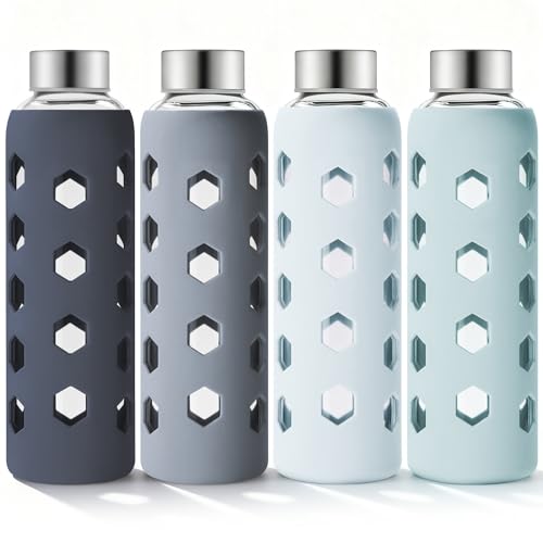 Mrsdry Glass Juice Bottles with Lids and Silicone Sleeves 18 oz, 4-Pack Reusable Clear Glass Water Bottles with Stainless Steel Airtight Cap for Juicing, Refrigerator, BPA Free Leak-Proof Drinking Jar - color: Gray