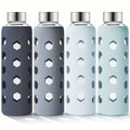 Mrsdry Glass Juice Bottles with Lids and Silicone Sleeves 18 oz, 4-Pack Reusable Clear Glass Water Bottles with Stainless Steel Airtight Cap for Juicing, Refrigerator, BPA Free Leak-Proof Drinking Jar - color: Gray