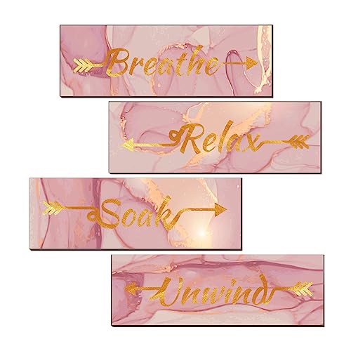 Lnond 4 Pieces Pink Gold Marble Bathroom Wall Decor, Relax Soak Unwind Breathe Signs Decor, Wood Hanging Wall Art for Bathroom Spa Room (12 x 4 Inch