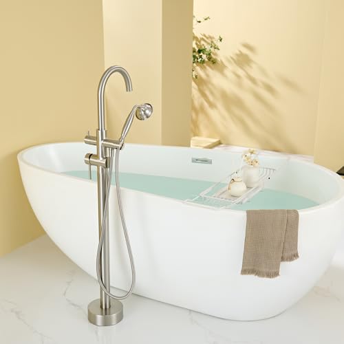 Wowkk Tub Filler Freestanding Bathtub Faucet Brushed Nickel Floor Mounted Brass Bathroom Tub Faucets with Hand Shower - color: Brushed Nickel