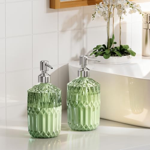 AmazerBath Soap Dispenser, 2 Pack Green Glass Soap Dispenser with Pump Stainless Steel, 14.2OZ Refillable Hand Soap Bottles Bathroom Kitchen - color: Green & Stainless Steel - 2 Pack