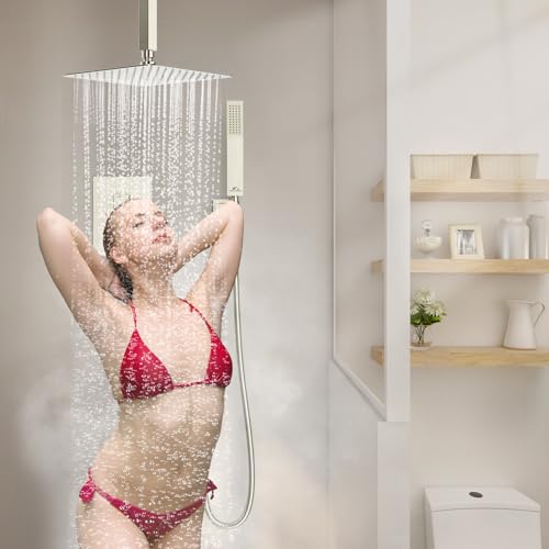 SunCleanse Rainfall Shower Faucet Set Brushed Nickel Shower Combo Set for Bathroom with High Pressure 10 inch Shower Head with Handheld Shower Valves Shower Head and Handheld Ceiling Mounted - color: Brushed Nickel, style: 10-ceiling