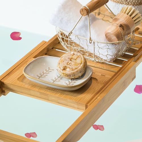 Miamolo Soap Dish Bar Cleaner Dish for Shower, Ceramic Soap Dishes for Large Soap Bar Shampoo or Sponge, Shower Soap Dish Soap Saver Tray for Bathroom Kitchen Sink, Easy to Clean - color: Beige, size: Leaf Design