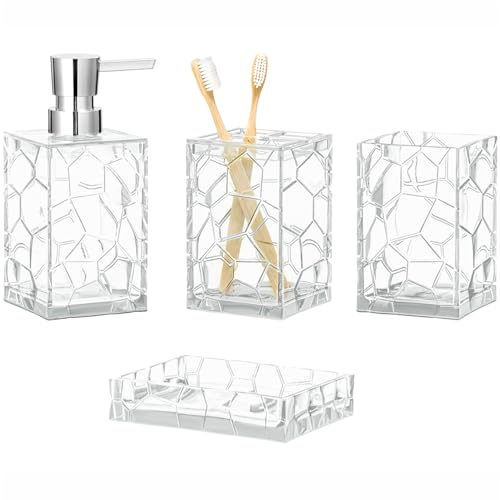 Bathroom Accessories Set 4 PCS Acrylic Countertop Set with Soap Dispenser,Toothbrush Holder,Tumbler,Soap Dish,Boho Modern Bathroom Decor,Gift for Women & Men (White)